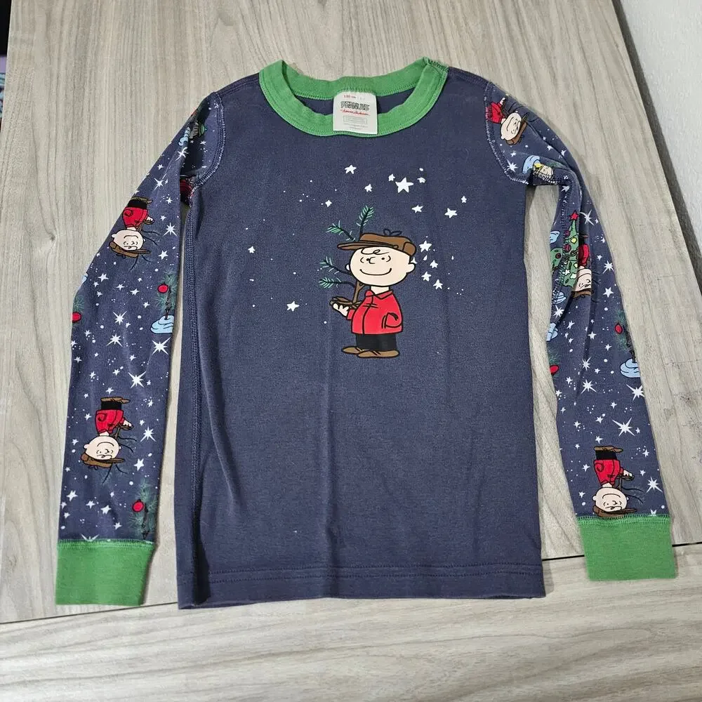 Hanna Andersson Pajama Set Peanuts Charlie Brown Christmas Gray Blue Green 6-7